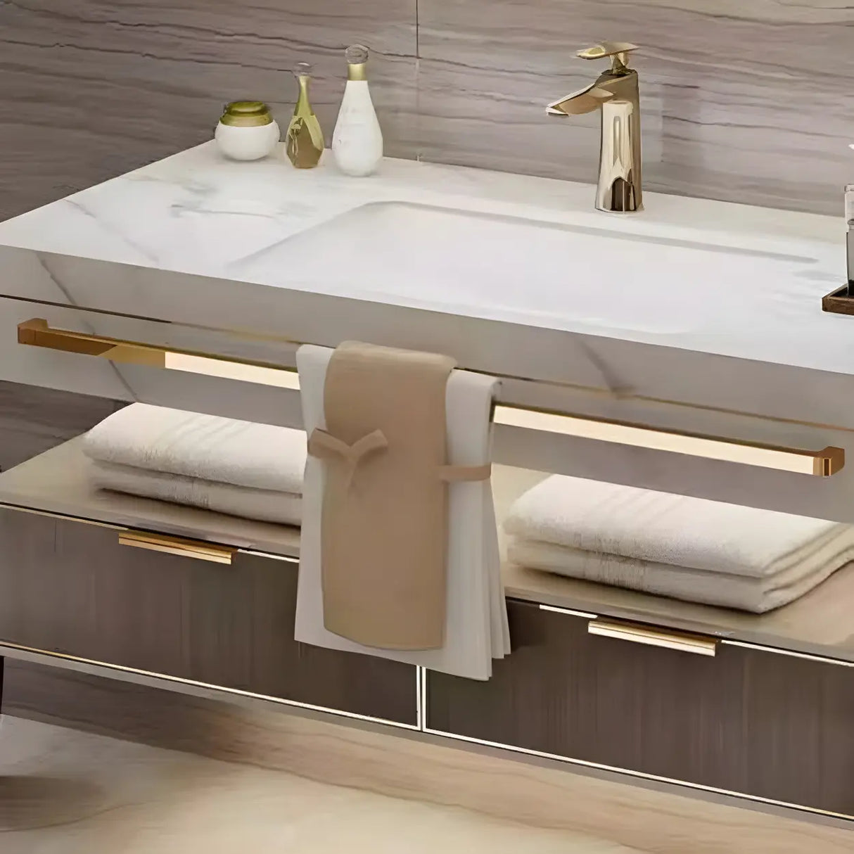 White Stone Sink Gold Faucet Wall Mounted Bath Vanity Set Image - 12