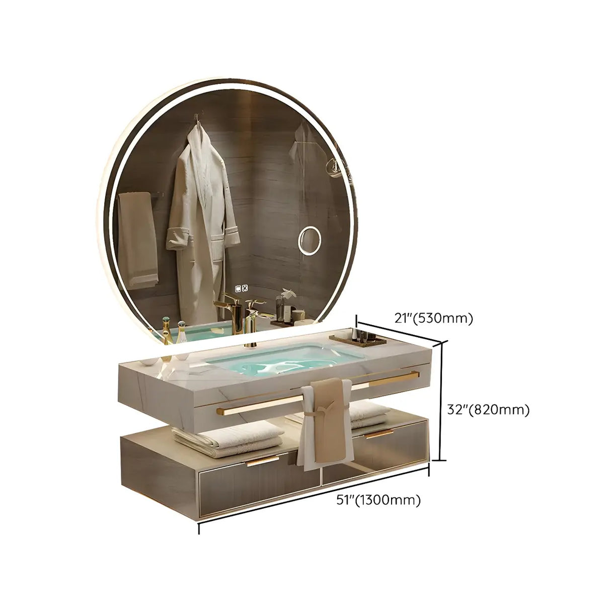 White Stone Sink Gold Faucet Wall Mounted Bath Vanity Set Image - 19