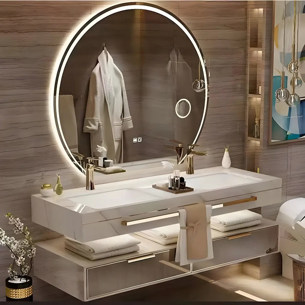 White Stone Sink Gold Faucet Wall Mounted Bath Vanity Set Image - 4