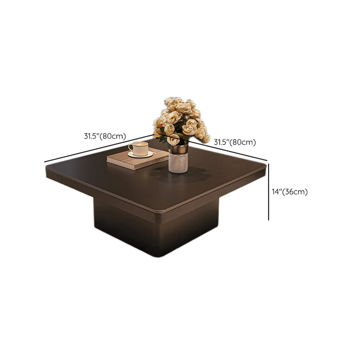 White Stone Square Black Wood Base Fixed Coffee Table Image - 12