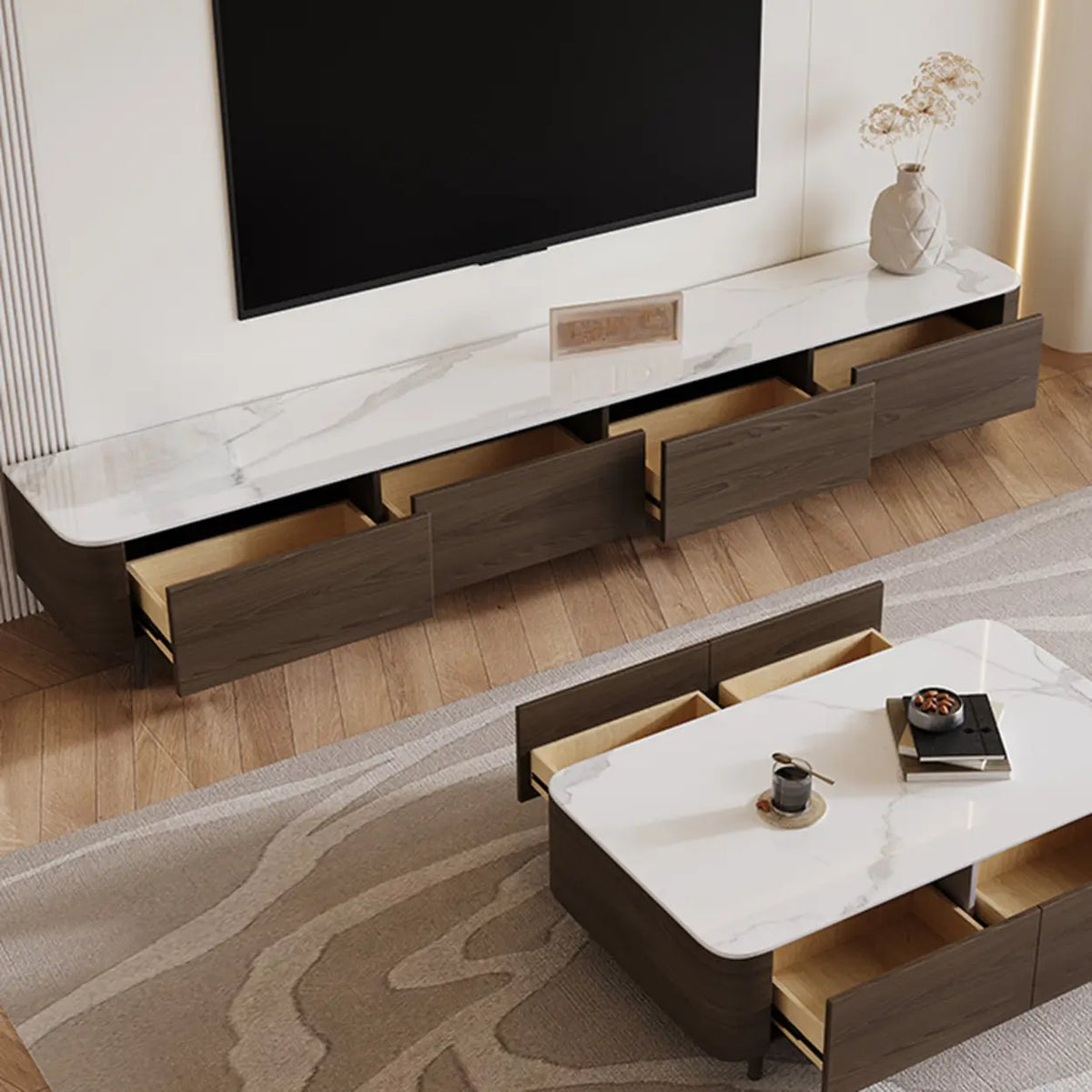 White Stone Top Drawers TV Stand with Cable Management Image - 10