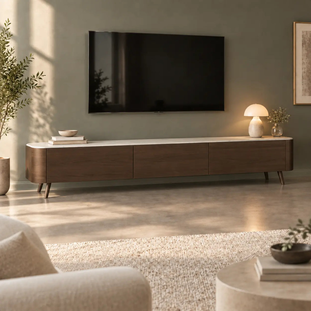 White Stone Top Drawers TV Stand with Cable Management Image - 1