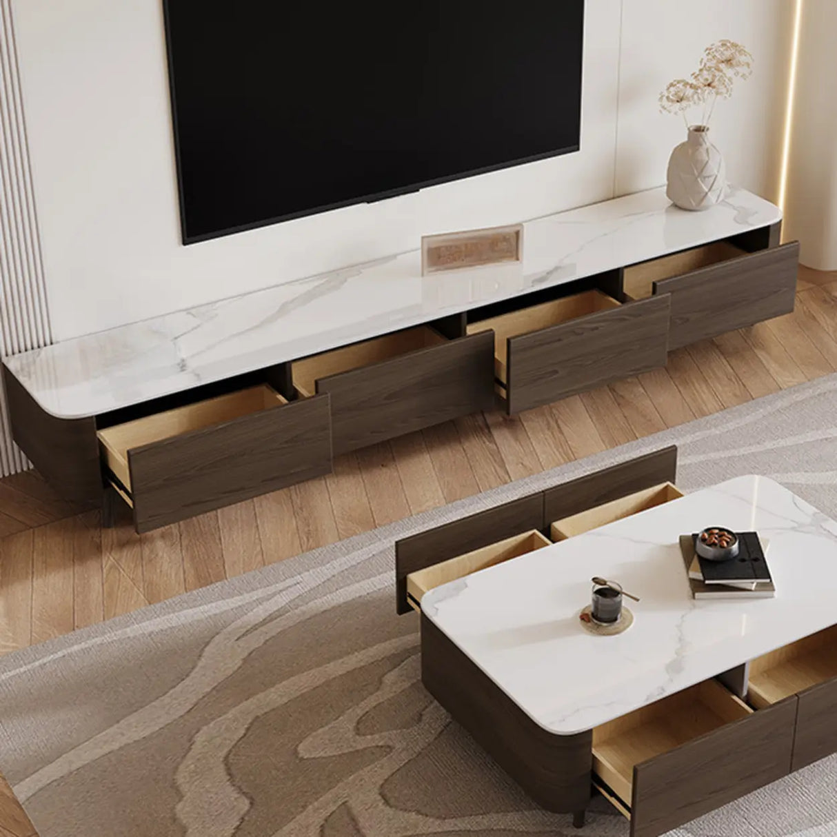 White Stone Top Drawers TV Stand with Cable Management Image - 3