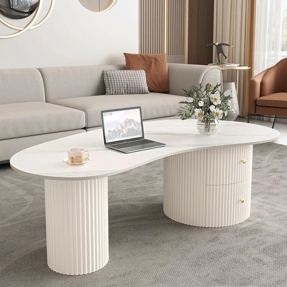 White Stone Top Free Form Drawers Single Coffee Table Image - 1