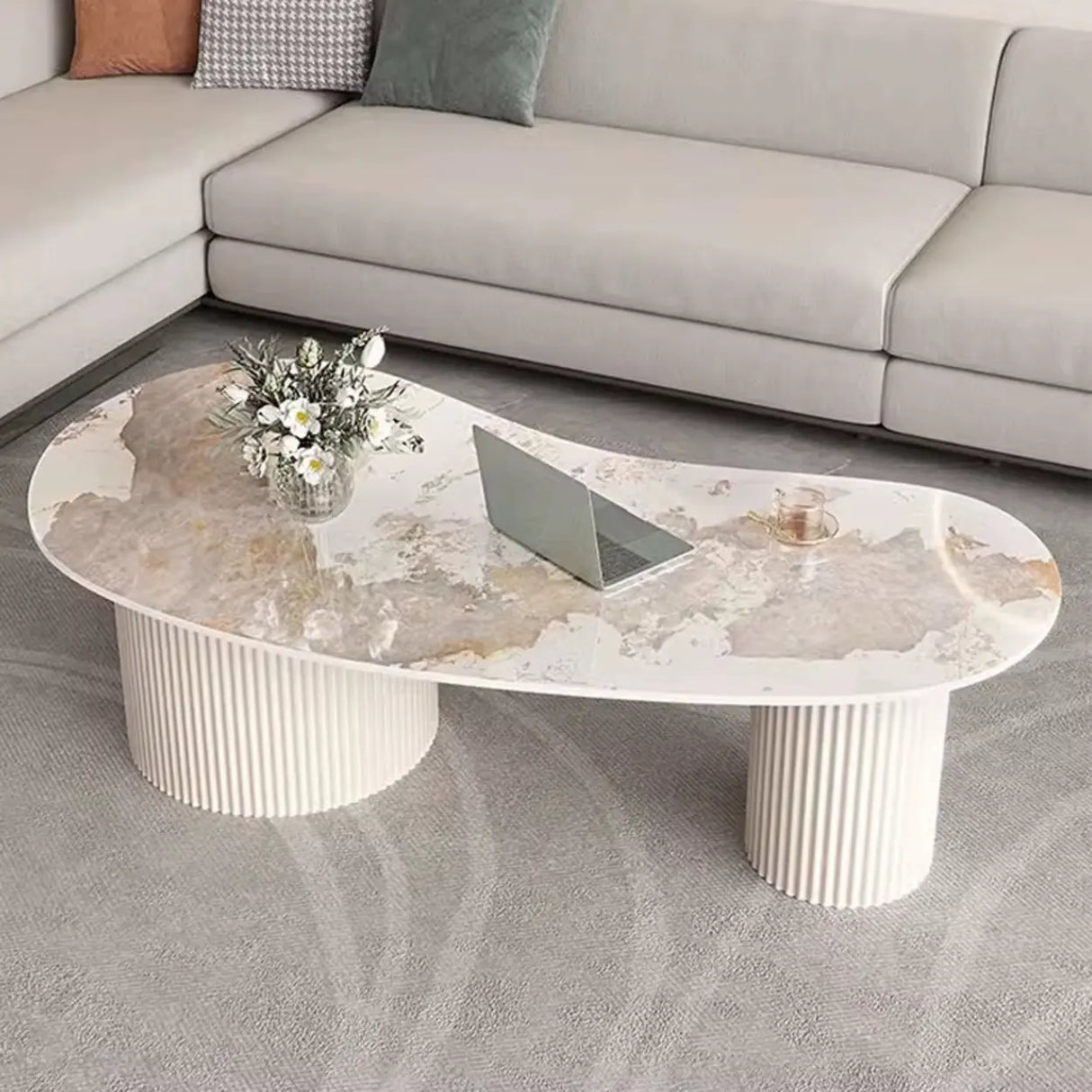 White Stone Top Free Form Drawers Single Coffee Table Image - 2