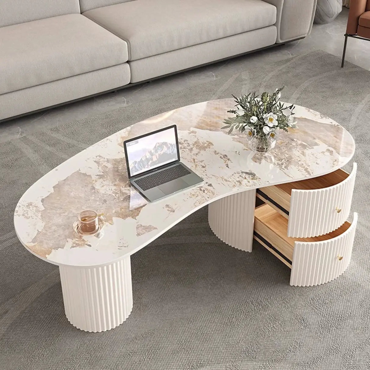 White Stone Top Free Form Drawers Single Coffee Table Image - 4