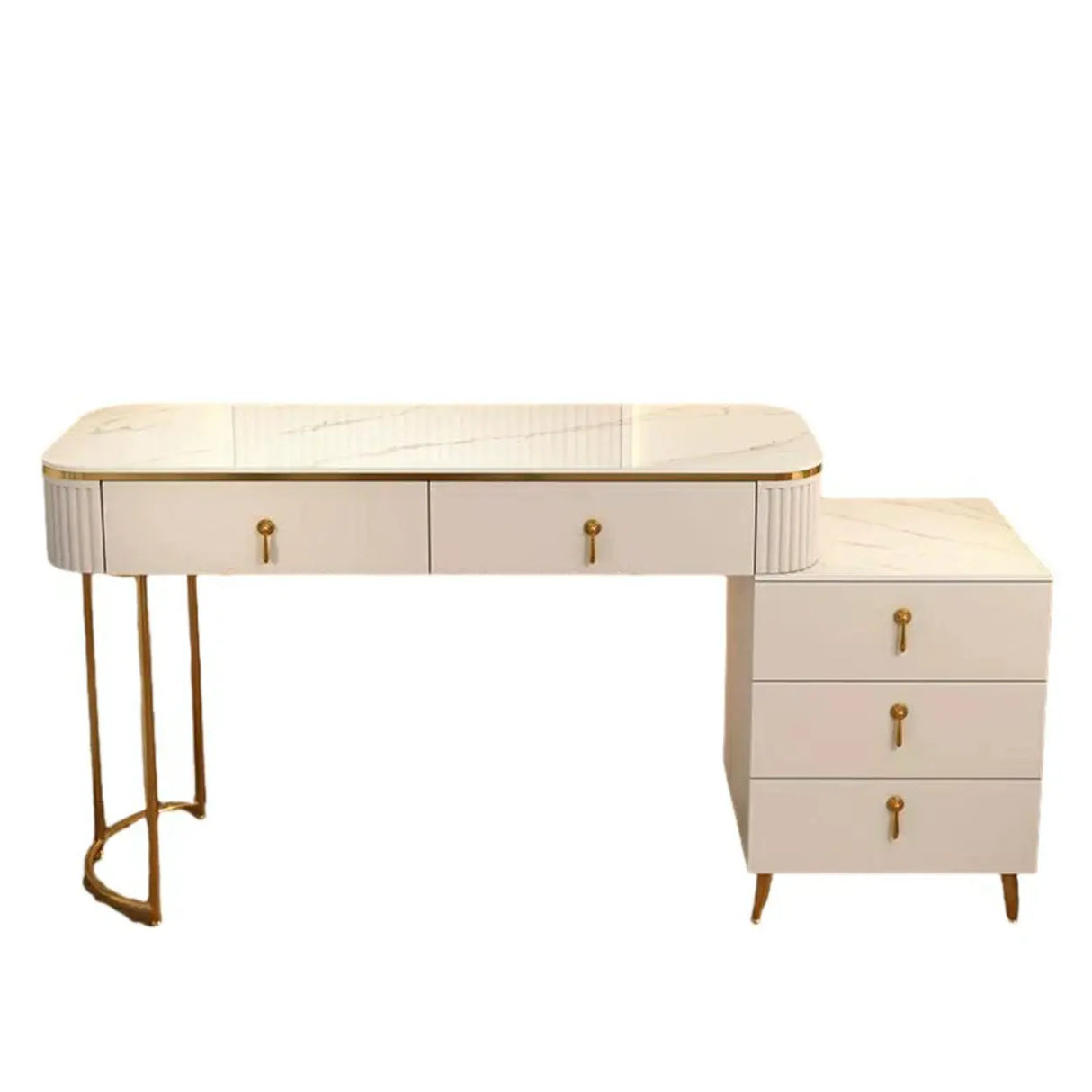 White Stone Wood Makeup Vanity with Drawers and Mirror Image - 10