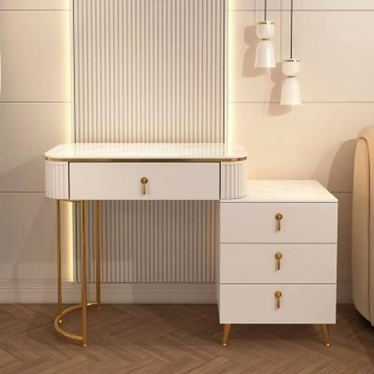 White Stone Wood Makeup Vanity with Drawers and Mirror Image - 11