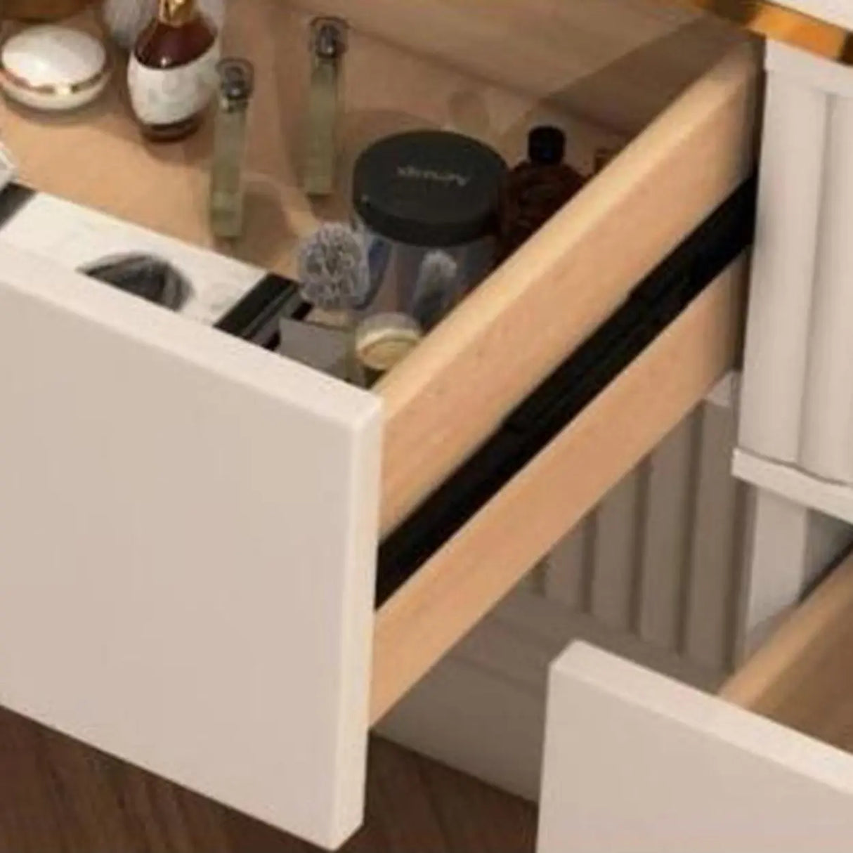 White Stone Wood Makeup Vanity with Drawers and Mirror Image - 12