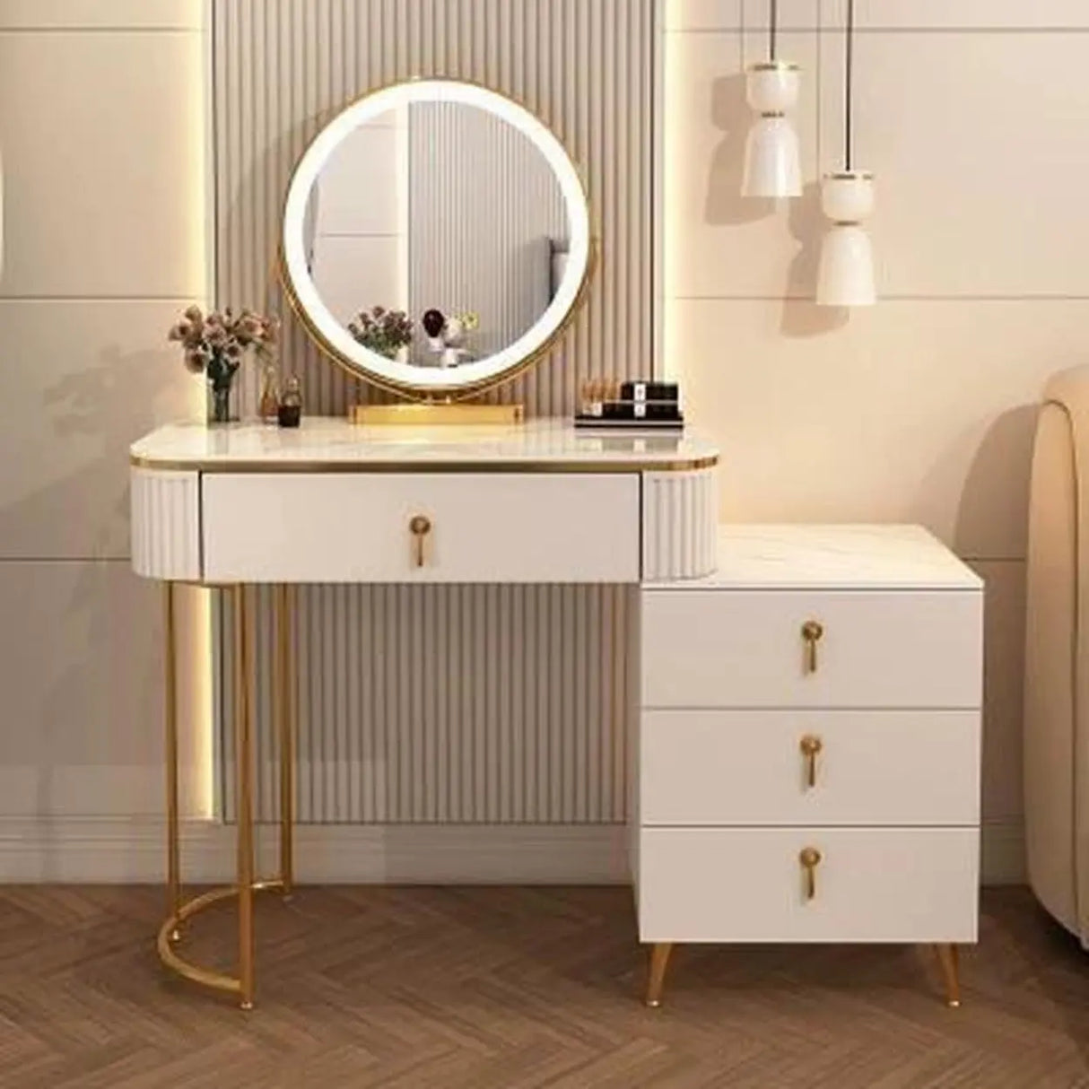 White Stone Wood Makeup Vanity with Drawers and Mirror Image - 13
