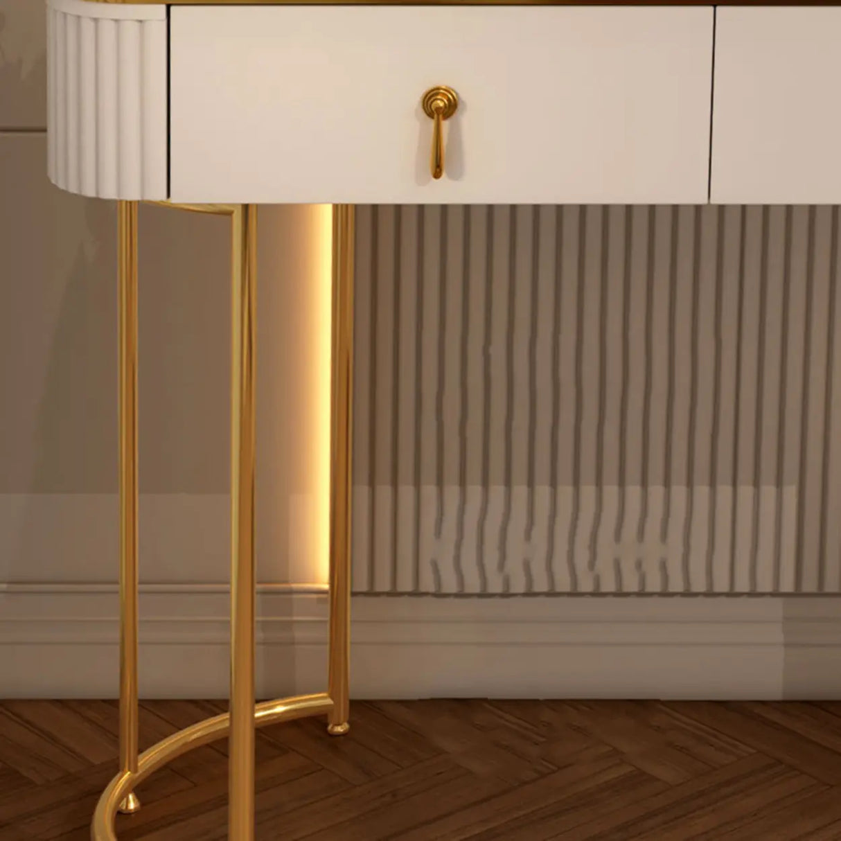 White Stone Wood Makeup Vanity with Drawers and Mirror Image - 15