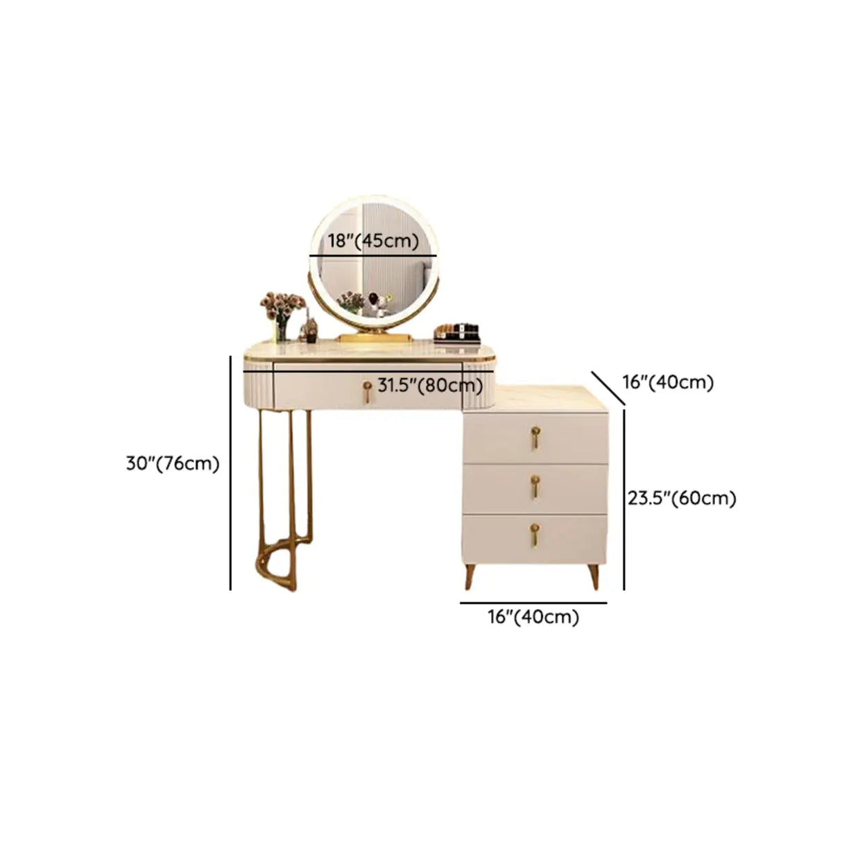 White Stone Wood Makeup Vanity with Drawers and Mirror Image - 18