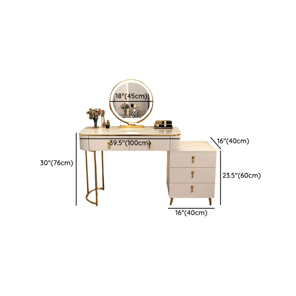 White Stone Wood Makeup Vanity with Drawers and Mirror Image - 19