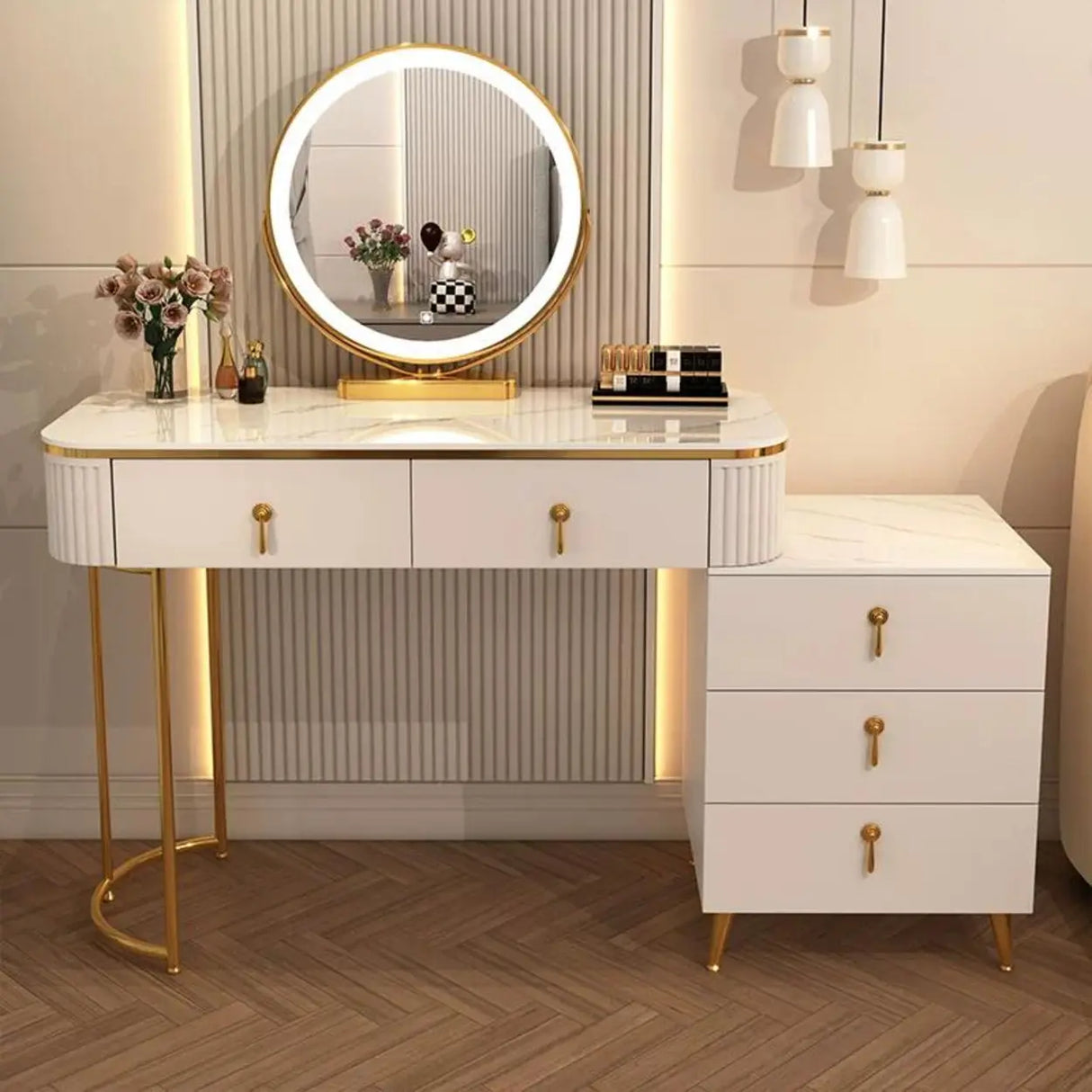 White Stone Wood Makeup Vanity with Drawers and Mirror Image - 2