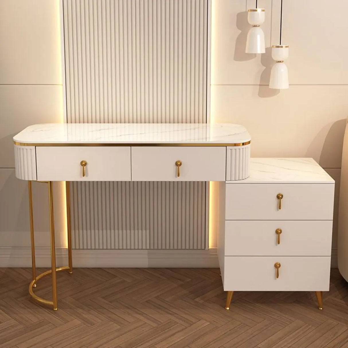 White Stone Wood Makeup Vanity with Drawers and Mirror Image - 3