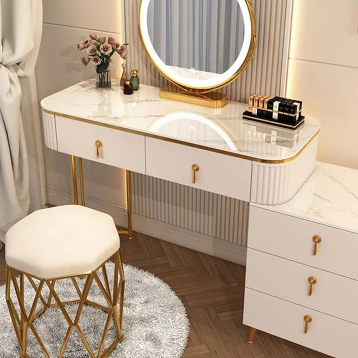 White Stone Wood Makeup Vanity with Drawers and Mirror Image - 4