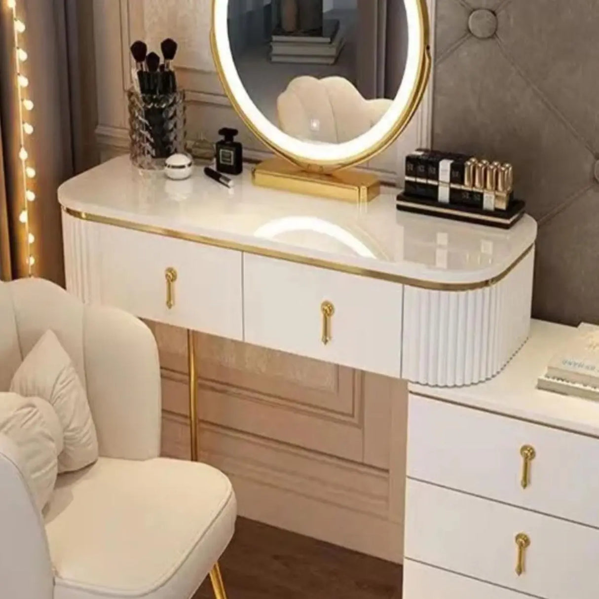 White Stone Wood Makeup Vanity with Drawers and Mirror Image - 6