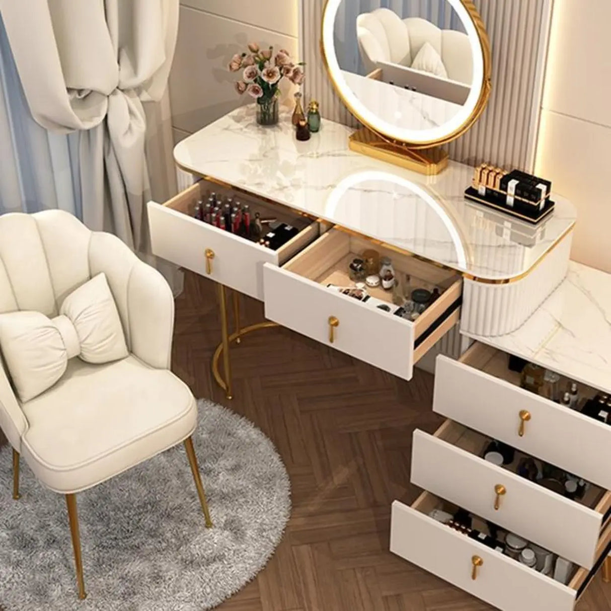 White Stone Wood Makeup Vanity with Drawers and Mirror Image - 8