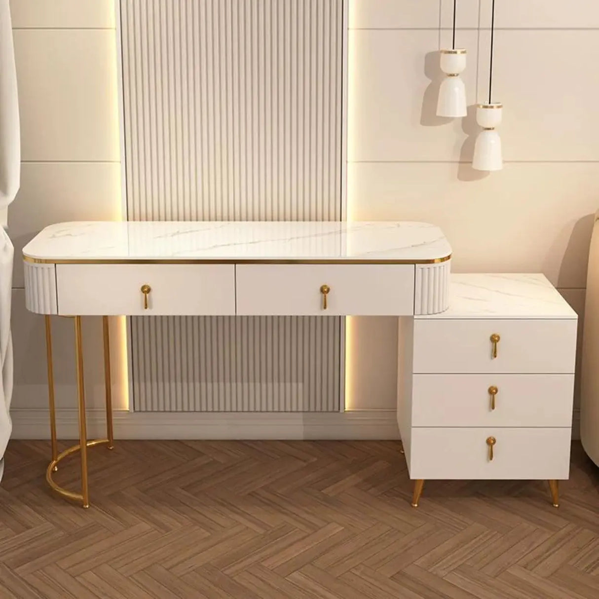 White Stone Wood Makeup Vanity with Drawers and Mirror Image - 9