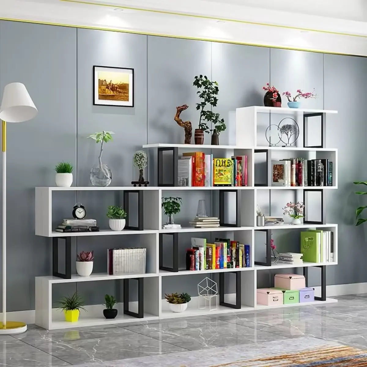 White Stylish Alloy Open Etagere Display Bookshelf Image - 1