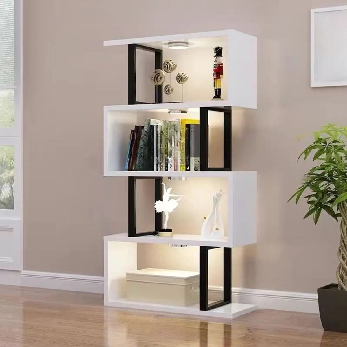 White Stylish Alloy Open Etagere Display Bookshelf Image - 9