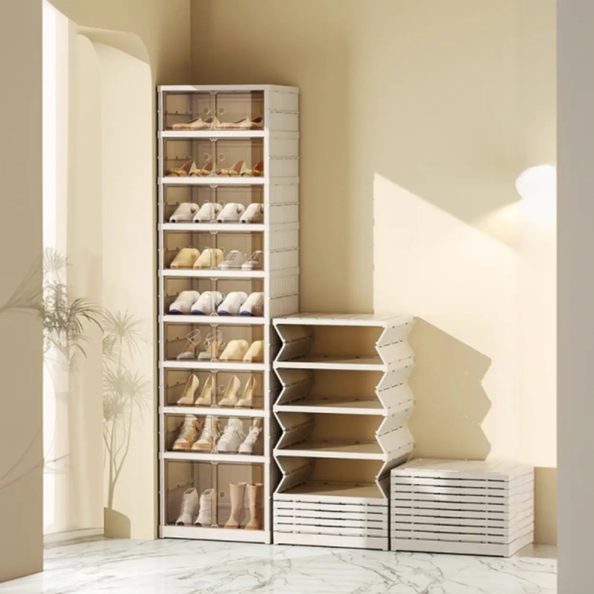 White Tall Beige Plastic Foldable Shoe Storage Box Image - 1