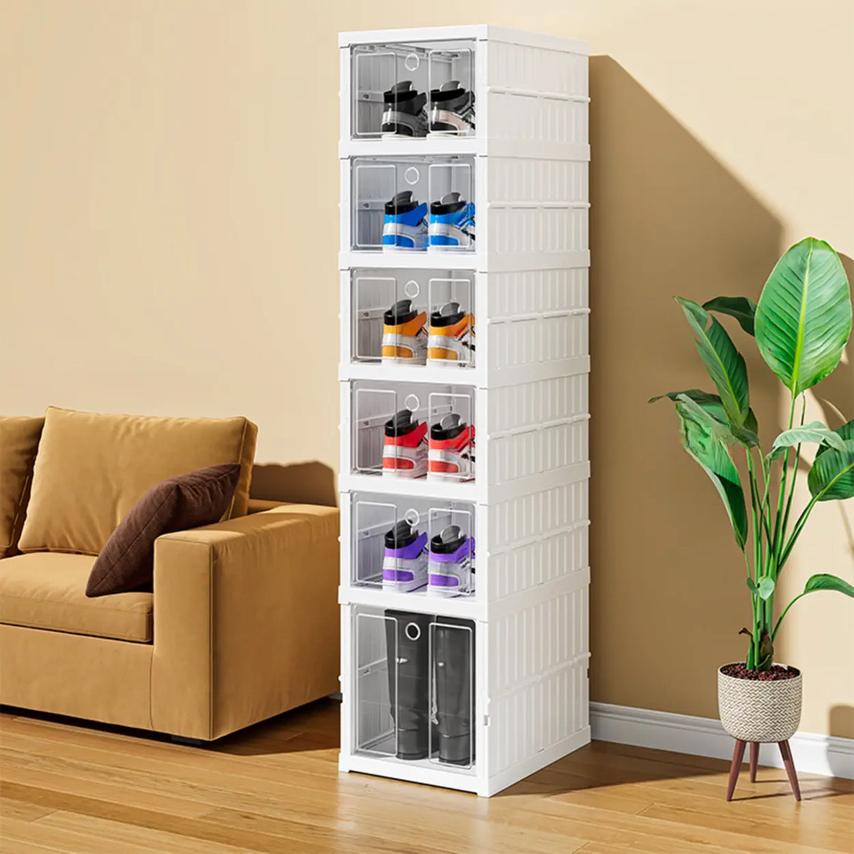 White Tall Beige Plastic Foldable Shoe Storage Box Image - 11