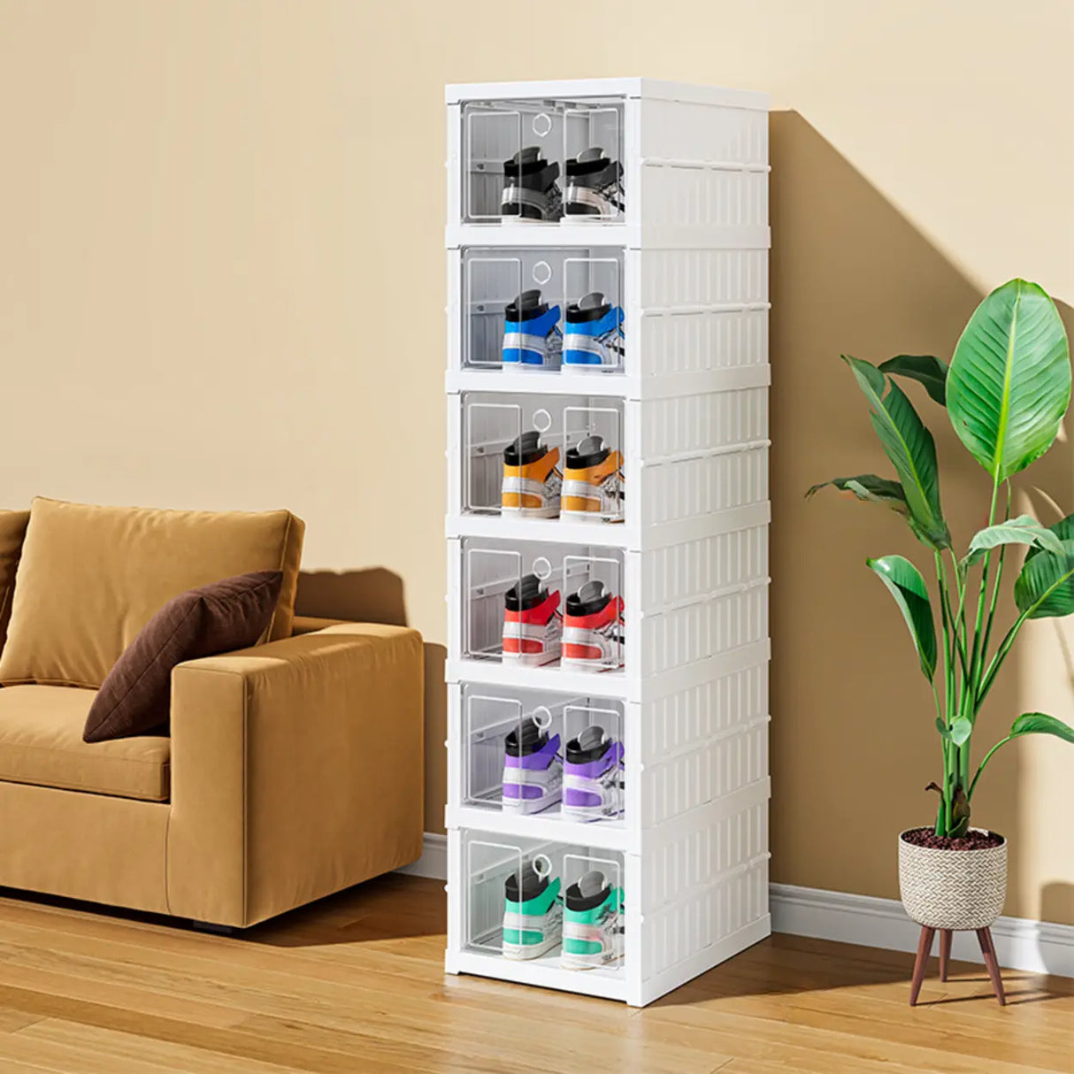 White Tall Beige Plastic Foldable Shoe Storage Box Image - 15