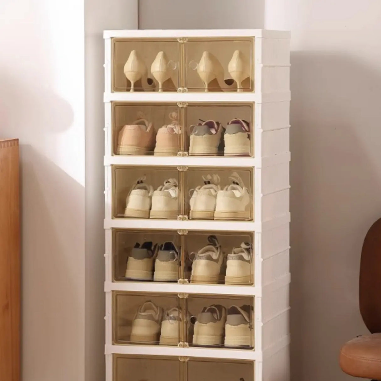 White Tall Beige Plastic Foldable Shoe Storage Box Image - 16