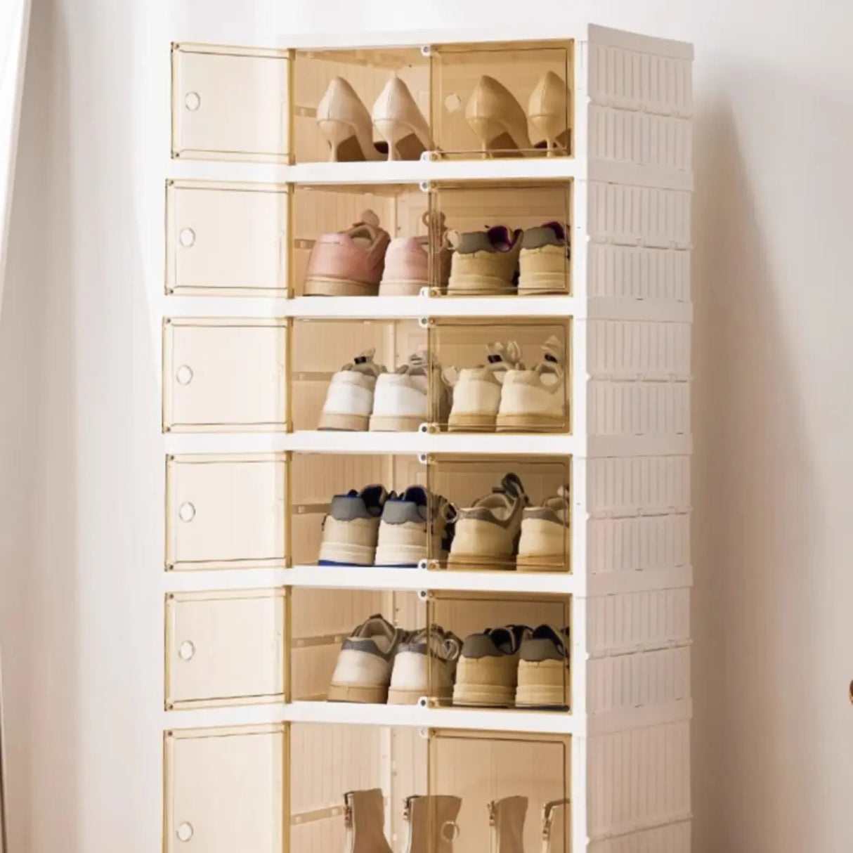 White Tall Beige Plastic Foldable Shoe Storage Box Image - 17