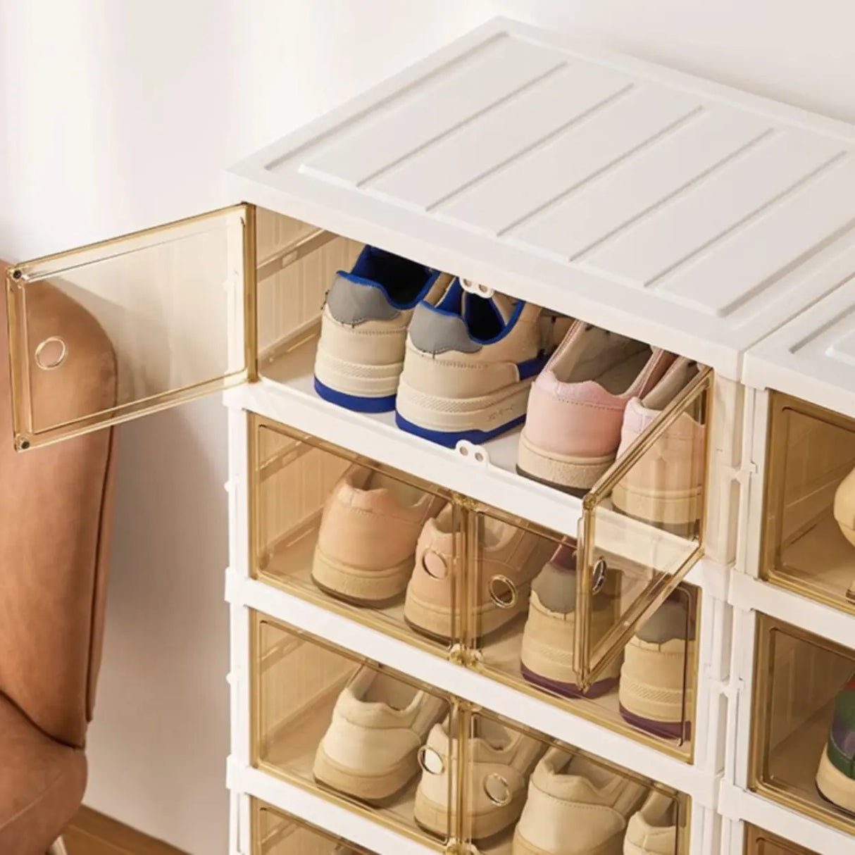 White Tall Beige Plastic Foldable Shoe Storage Box Image - 18