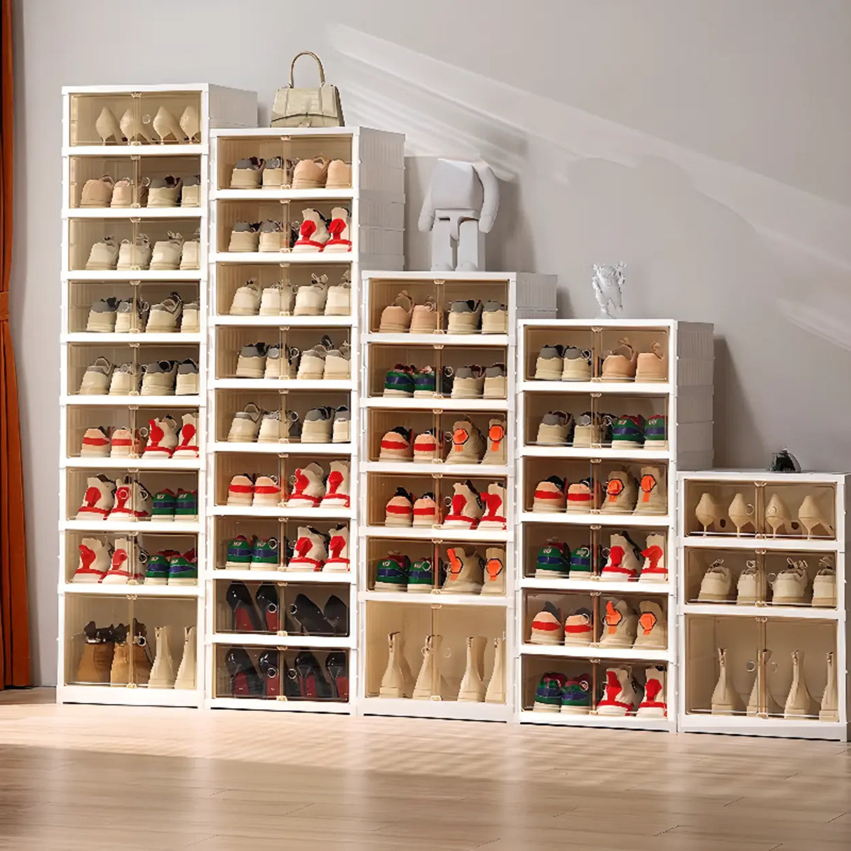 White Tall Beige Plastic Foldable Shoe Storage Box Image - 4