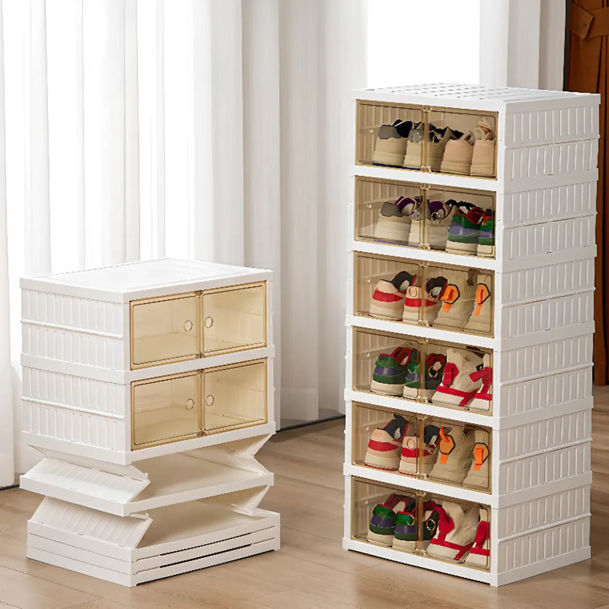 White Tall Beige Plastic Foldable Shoe Storage Box Image - 5