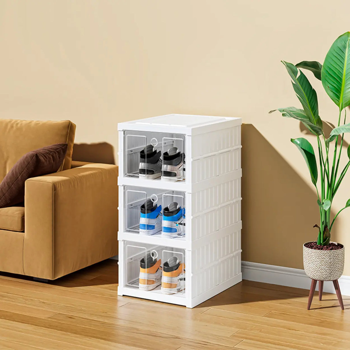 White Tall Beige Plastic Foldable Shoe Storage Box Image - 9