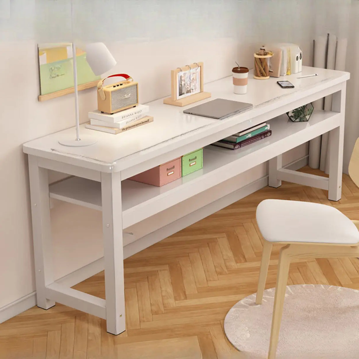 White Timber Rectangular Writing Desk with Storage Image - 1