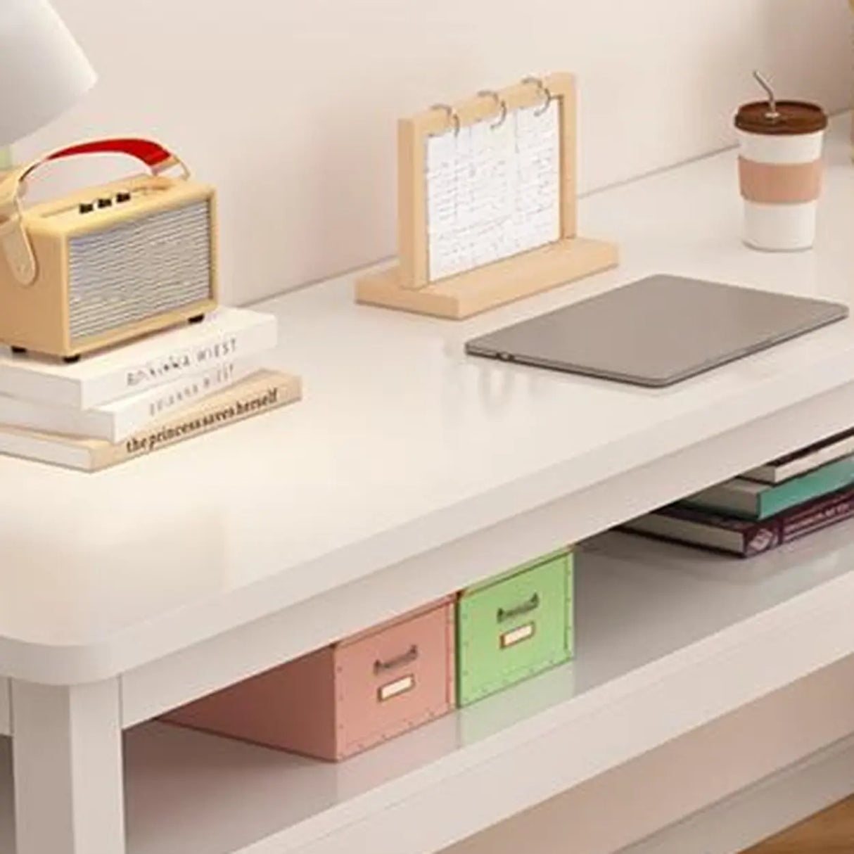 White Timber Rectangular Writing Desk with Storage Image - 5
