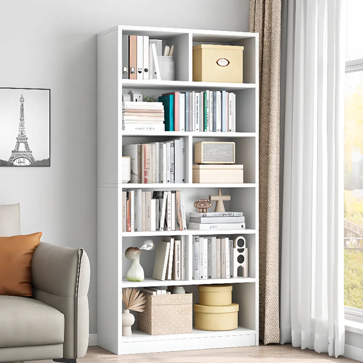 White Trendy Vertical Wooden Storage Tall Bookcases Image - 11