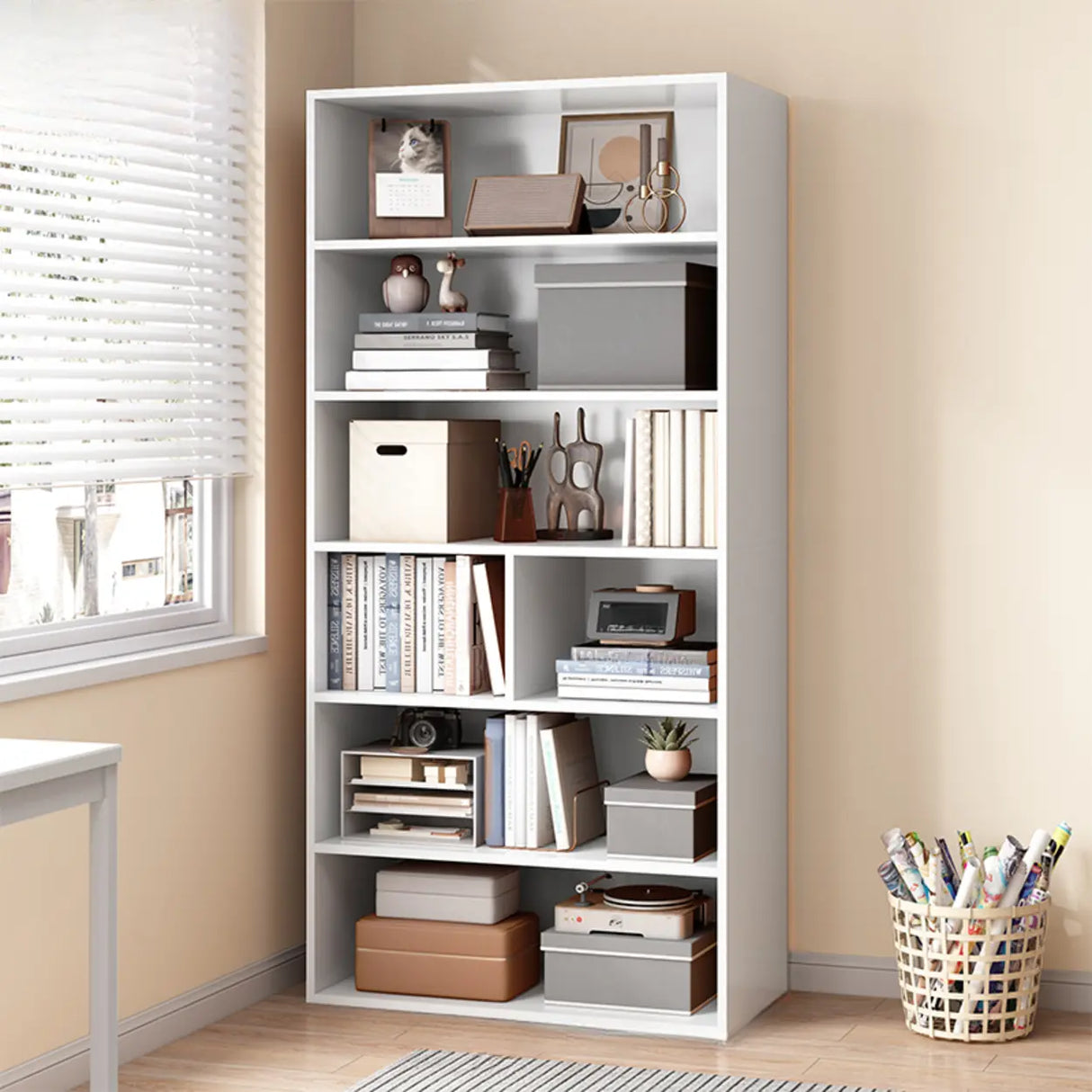 White Trendy Vertical Wooden Storage Tall Bookcases Image - 4