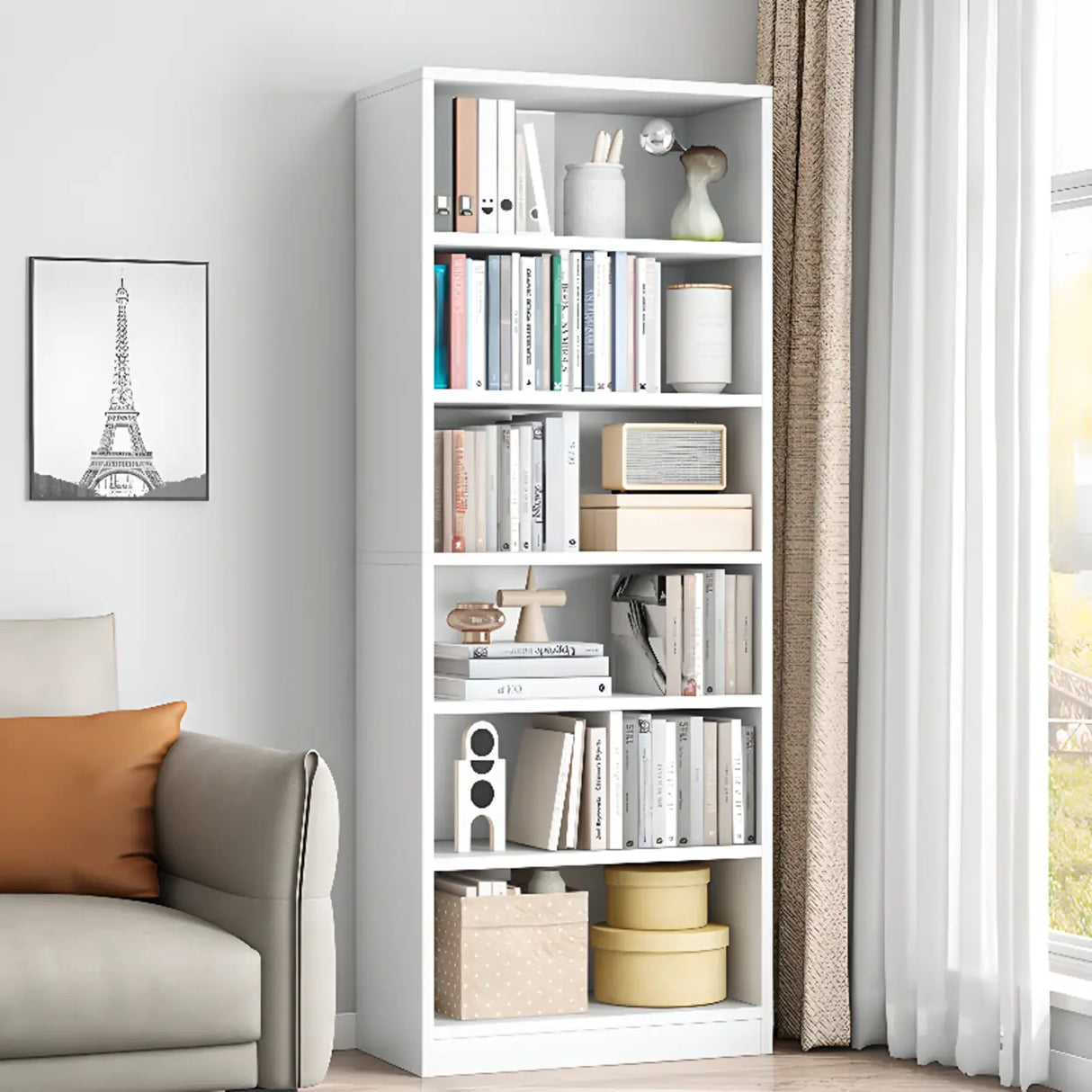 White Trendy Vertical Wooden Storage Tall Bookcases Image - 5