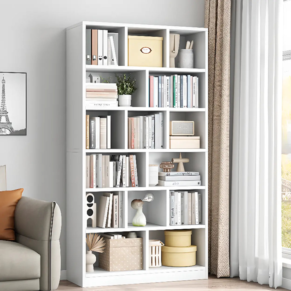 White Trendy Vertical Wooden Storage Tall Bookcases Image - 7