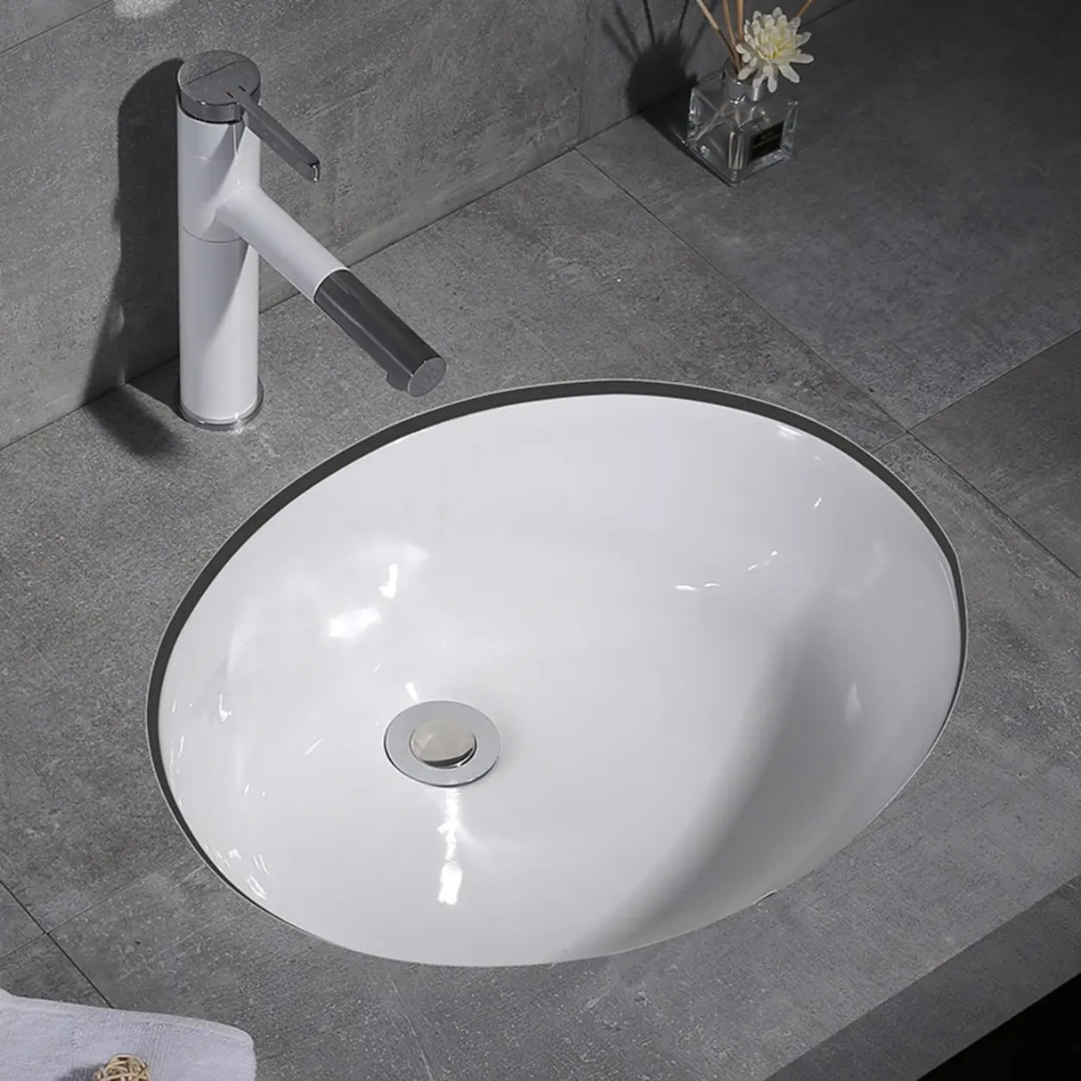 White Undermount Oval Ceramic Center Trapway Sink Image - 1