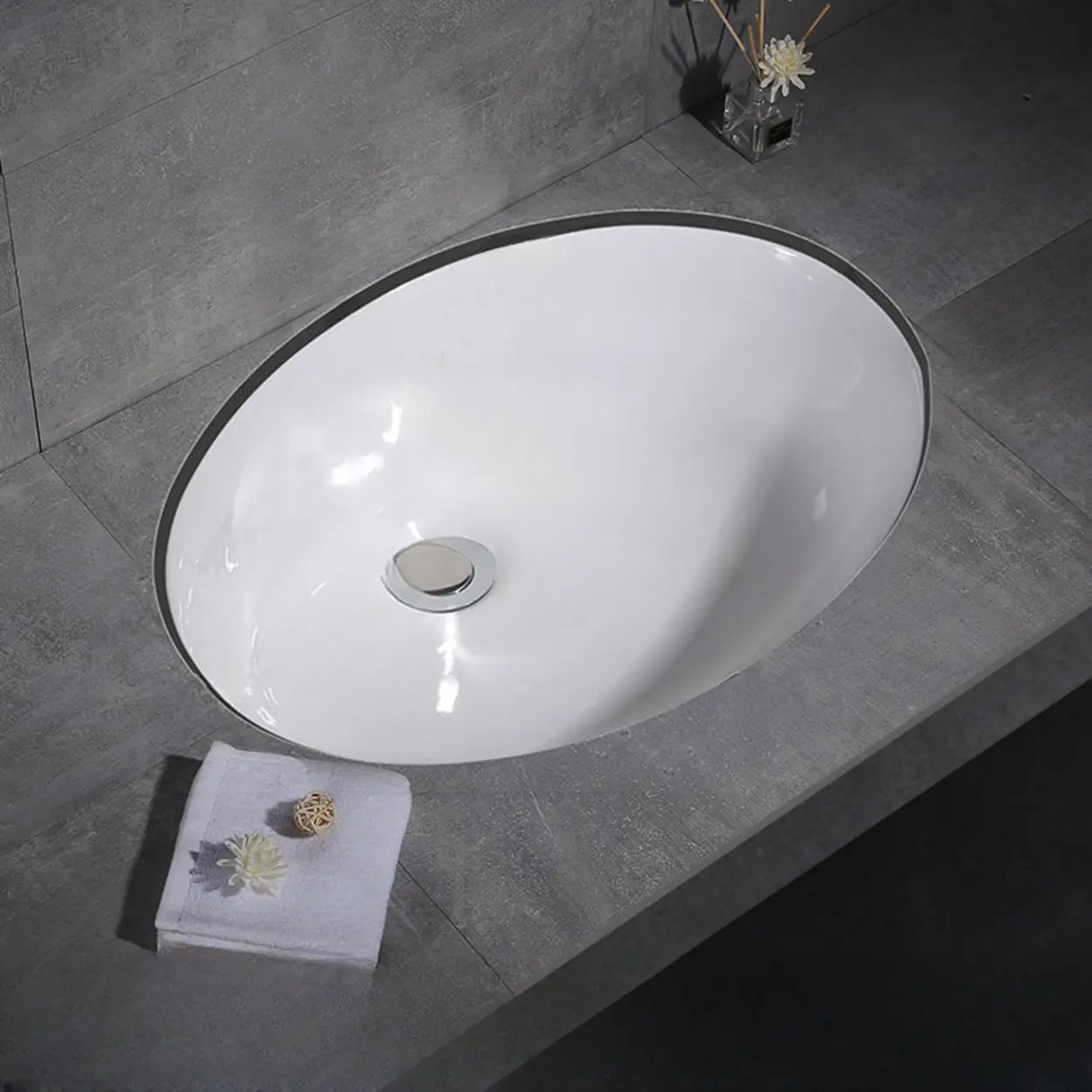 White Undermount Oval Ceramic Center Trapway Sink Image - 12