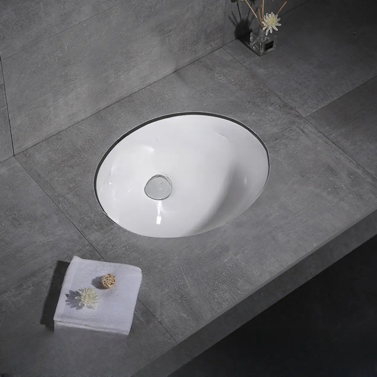 White Undermount Oval Ceramic Center Trapway Sink Image - 14