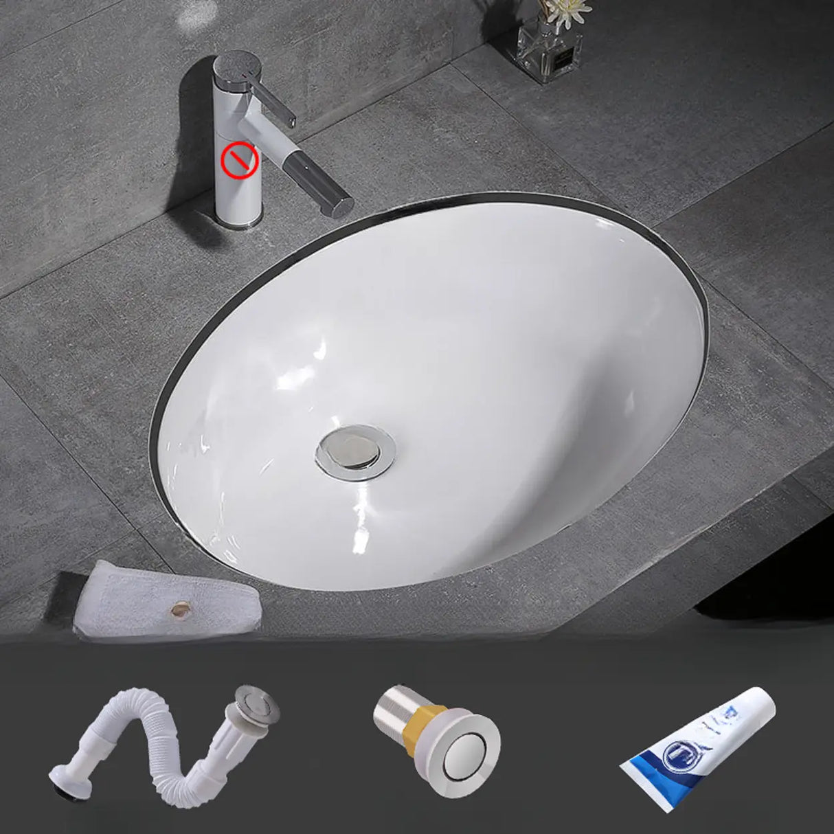 White Undermount Oval Ceramic Center Trapway Sink Image - 18