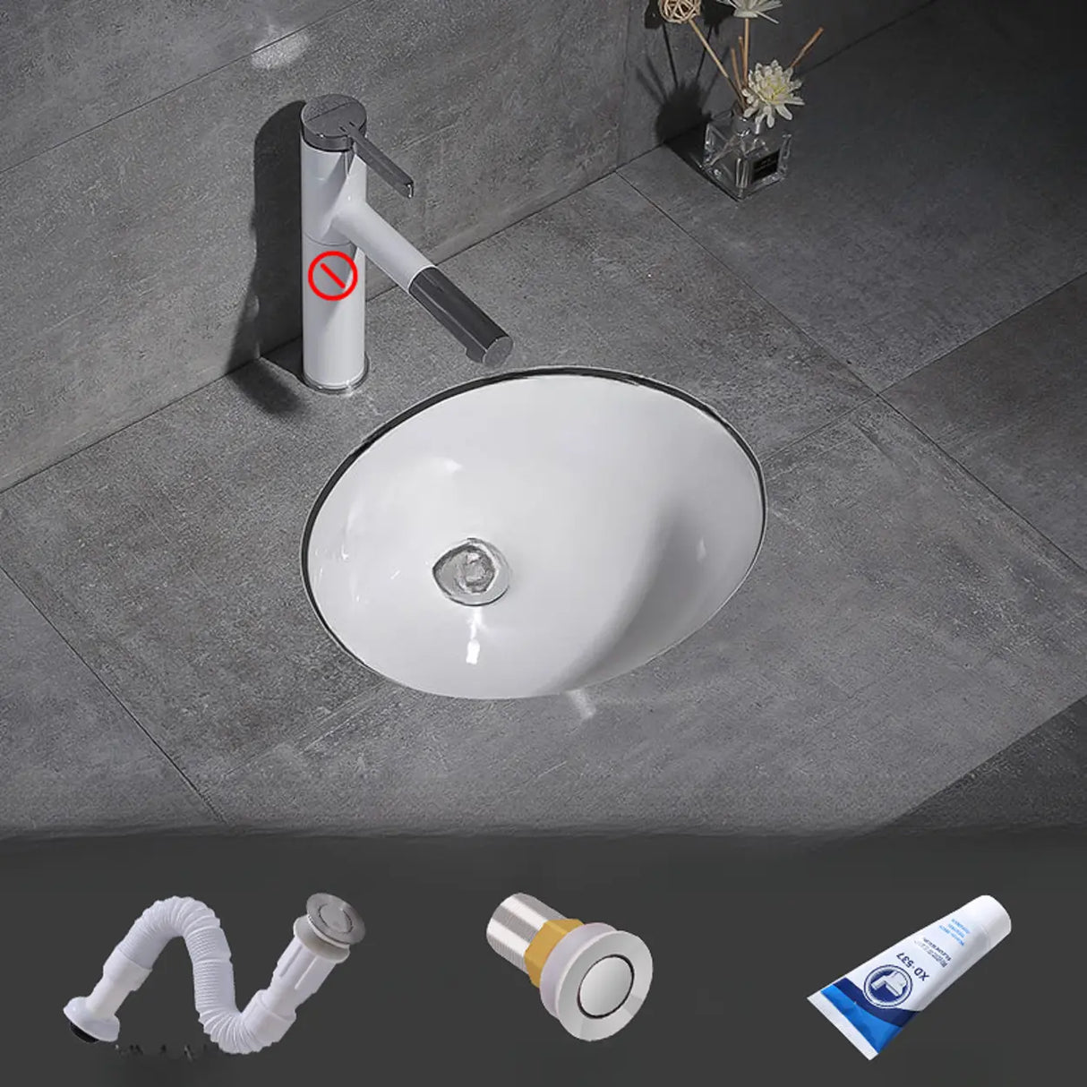 White Undermount Oval Ceramic Center Trapway Sink Image - 19