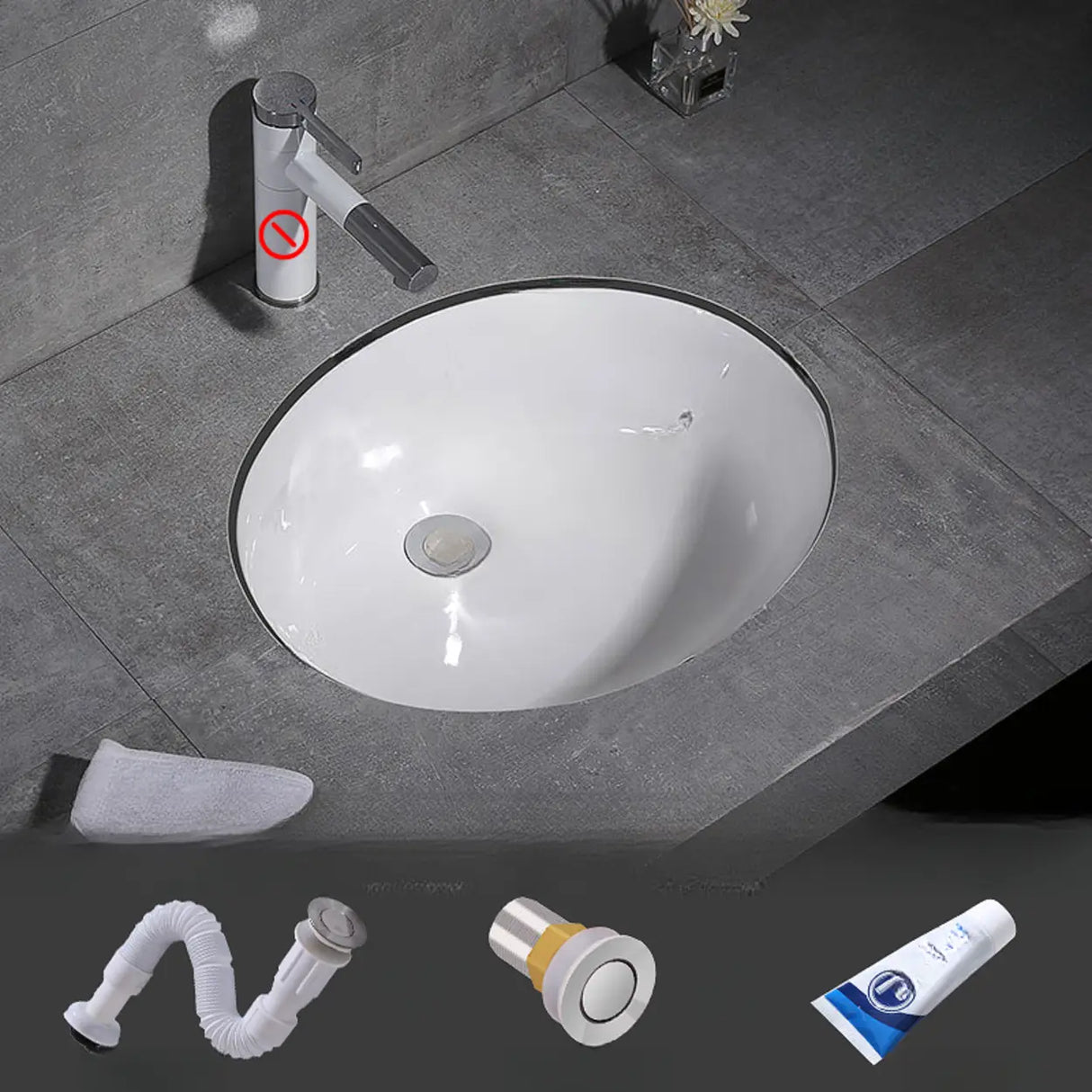 White Undermount Oval Ceramic Center Trapway Sink Image - 20