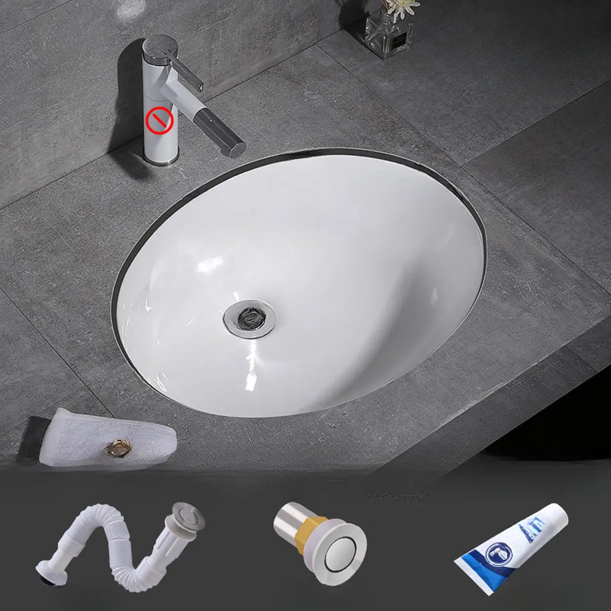 White Undermount Oval Ceramic Center Trapway Sink Image - 21