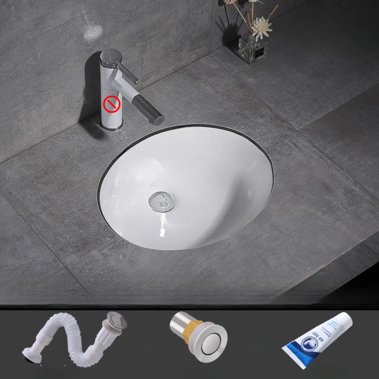 White Undermount Oval Ceramic Center Trapway Sink Image - 22