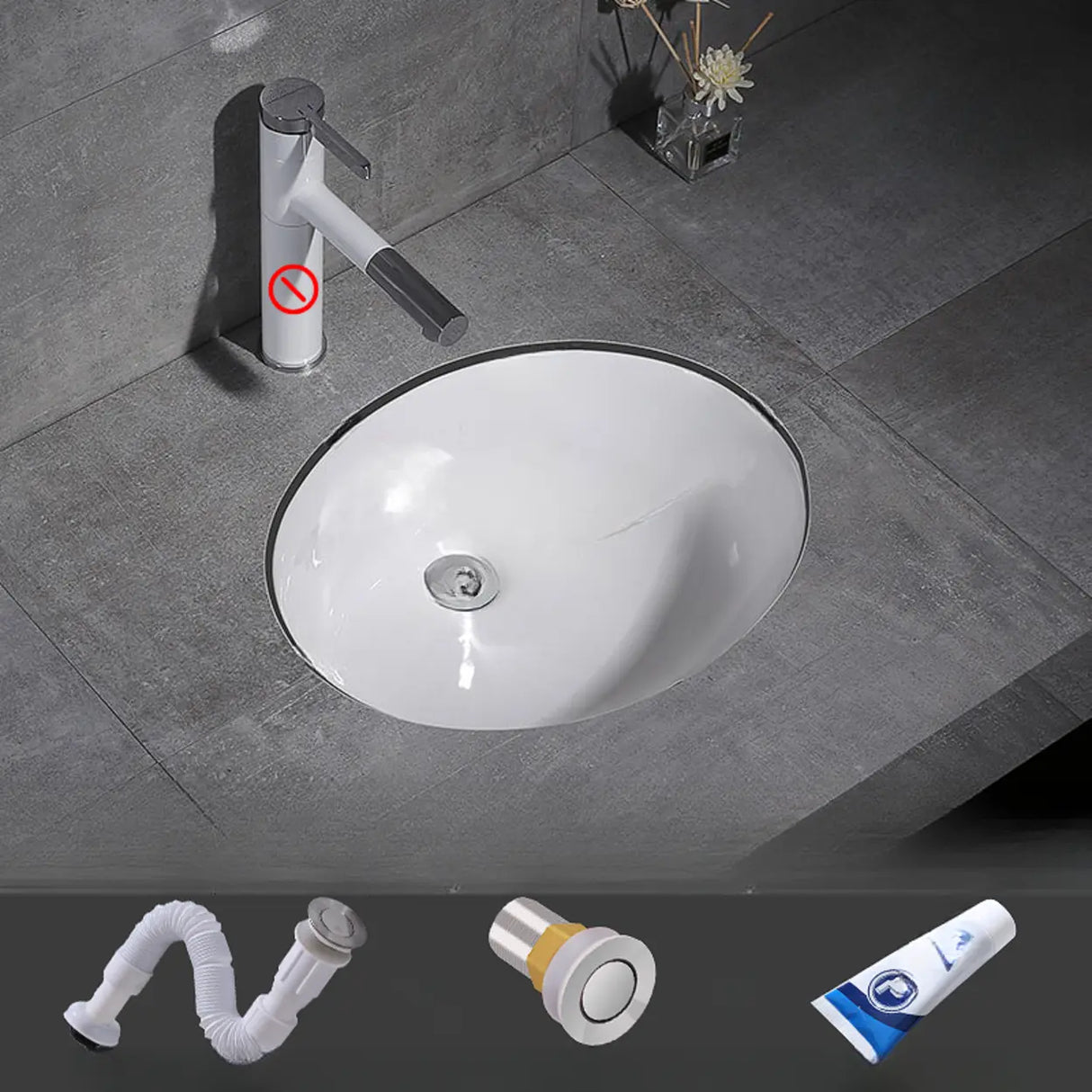 White Undermount Oval Ceramic Center Trapway Sink Image - 23