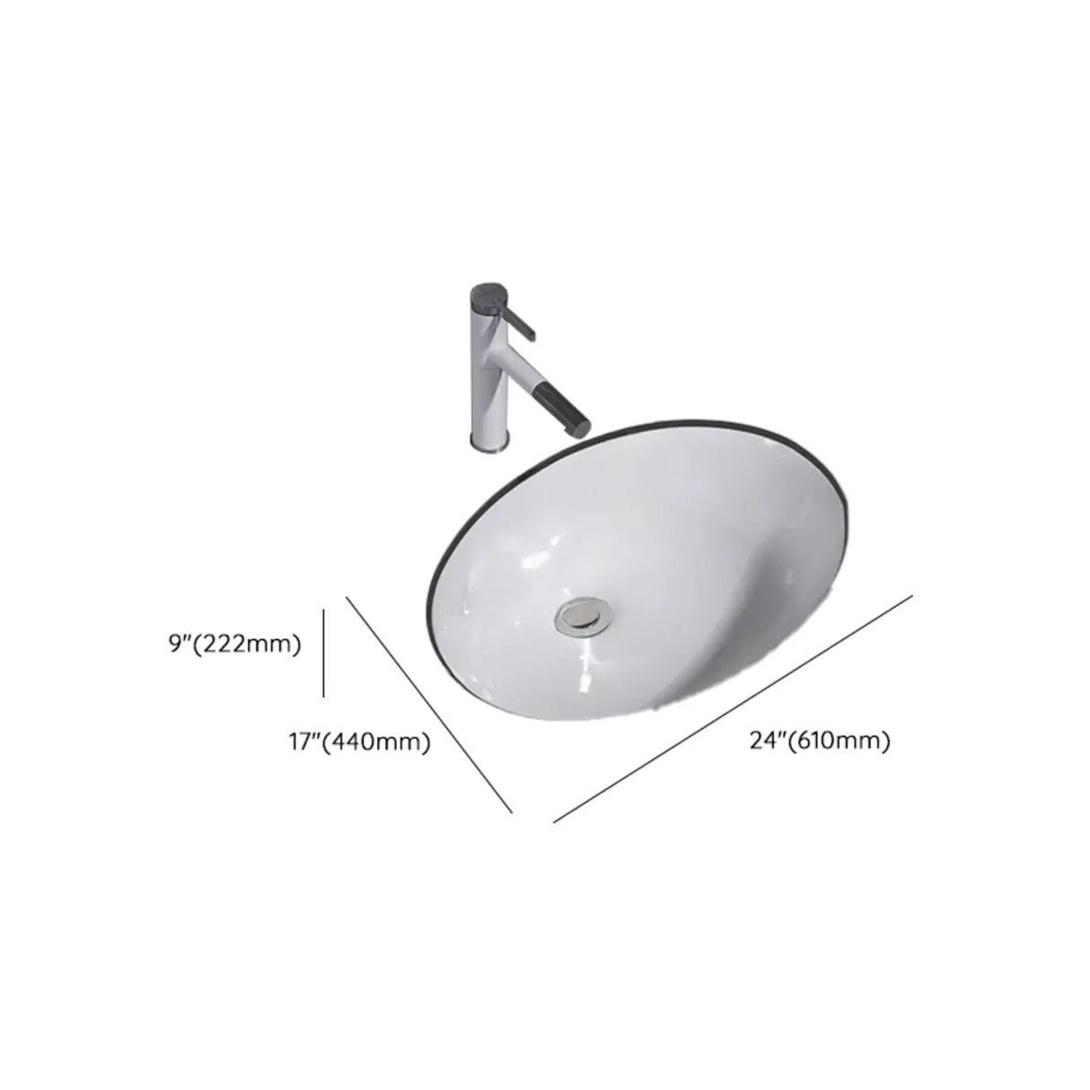 White Undermount Oval Ceramic Center Trapway Sink Image - 41